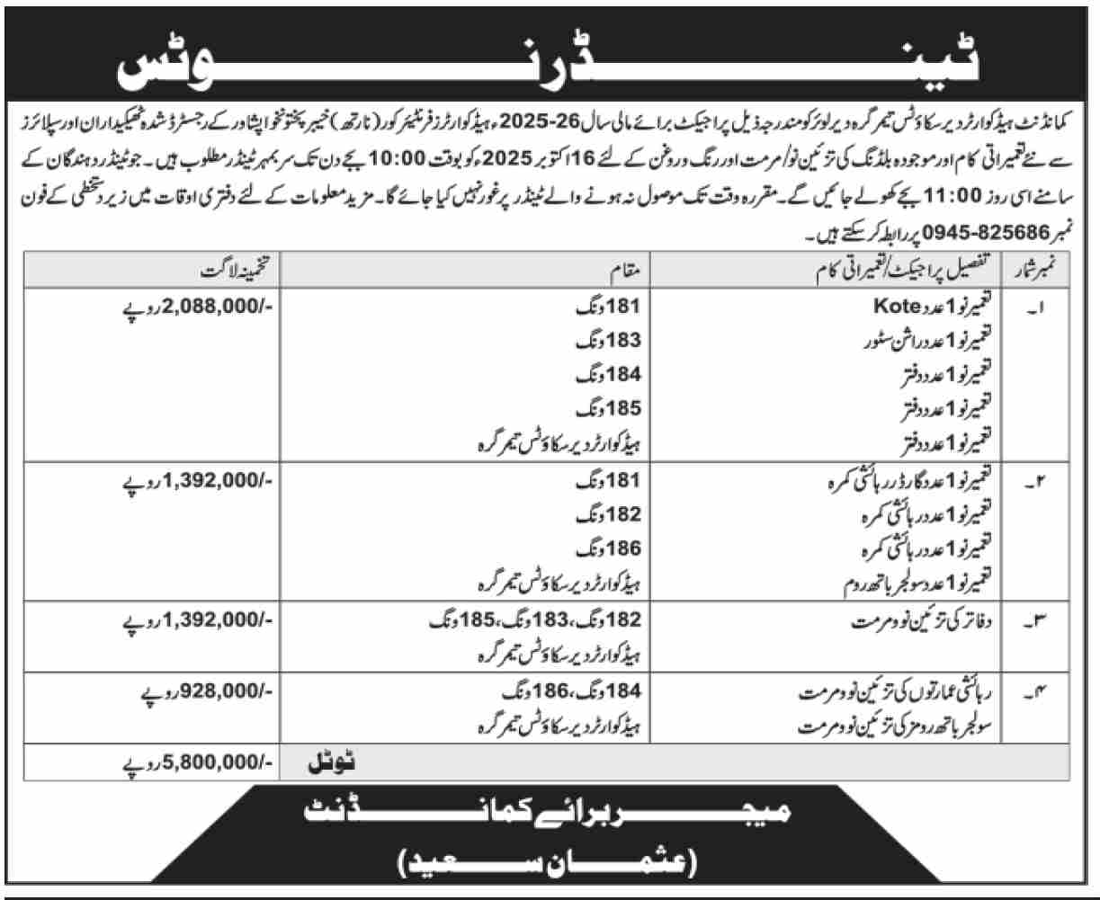 Pakistan Army Tamer Garah Tender Notice